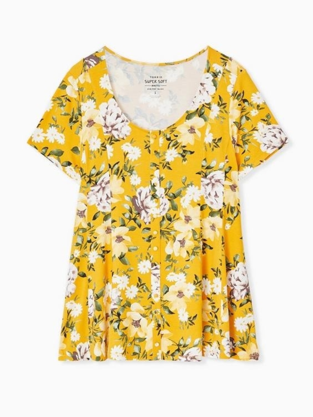 Torrid Plus Bright Yellow Floral Scoop Neck Button Front Top Super Soft Fabric